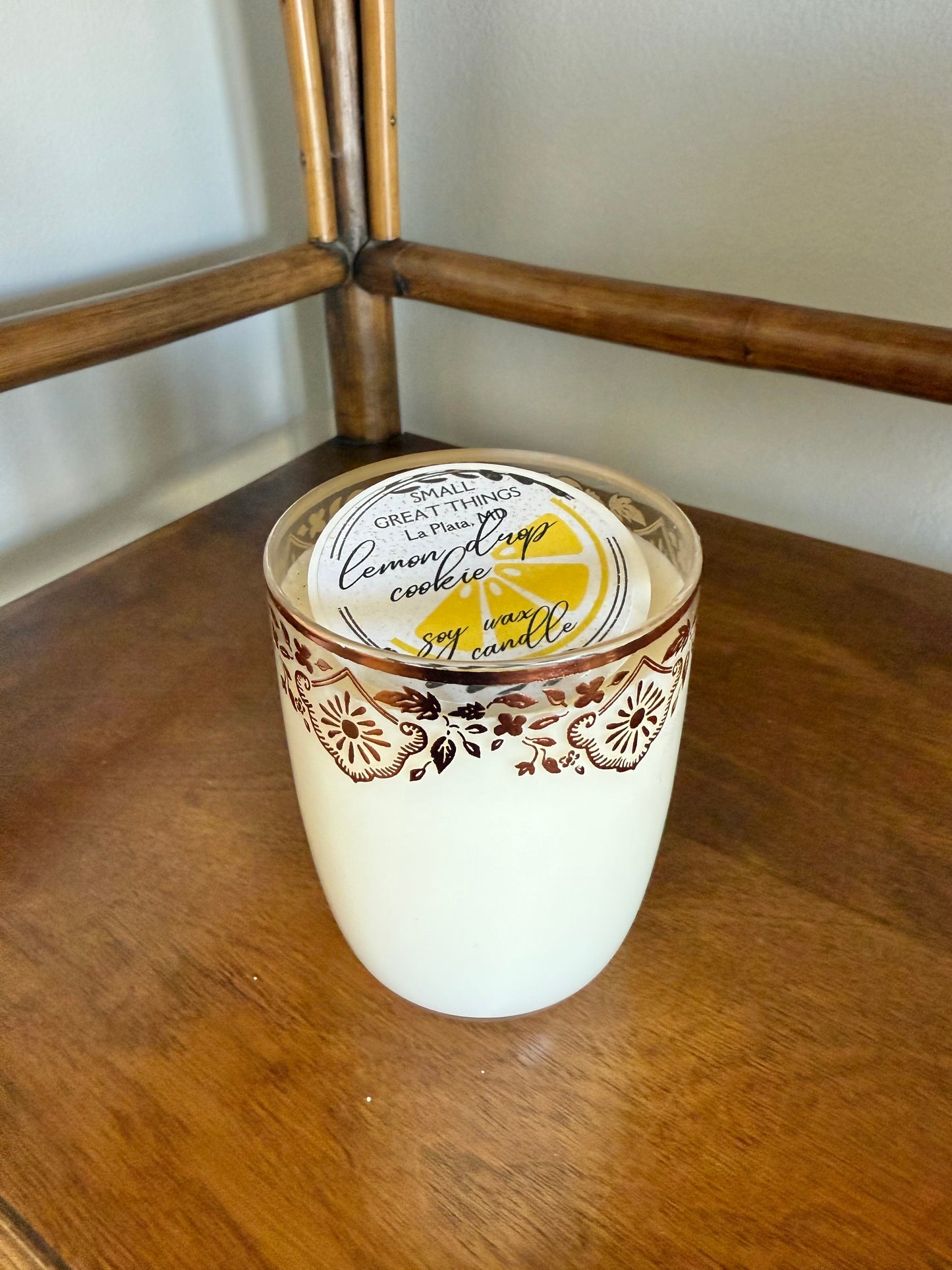 Adorable Juice Glass with Copper Trim Candle