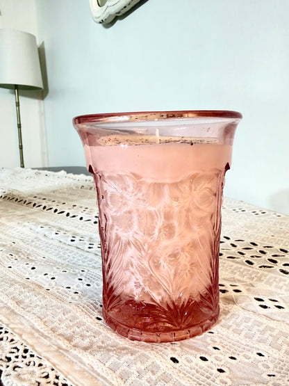 Vintage Blush Florals: Pink Depression Glass Candle