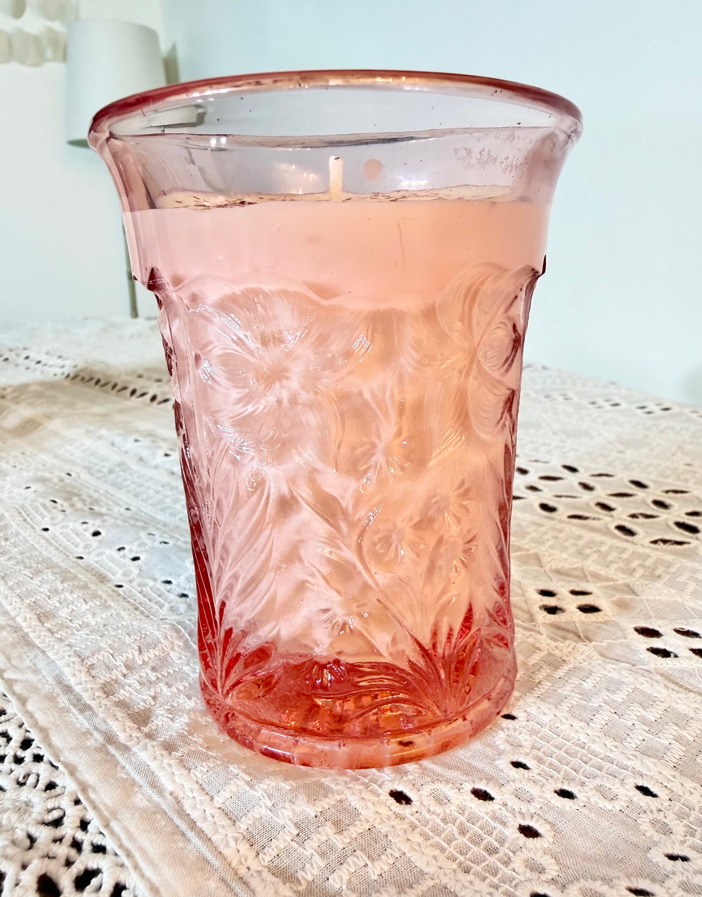 Vintage Blush Florals: Pink Depression Glass Candle