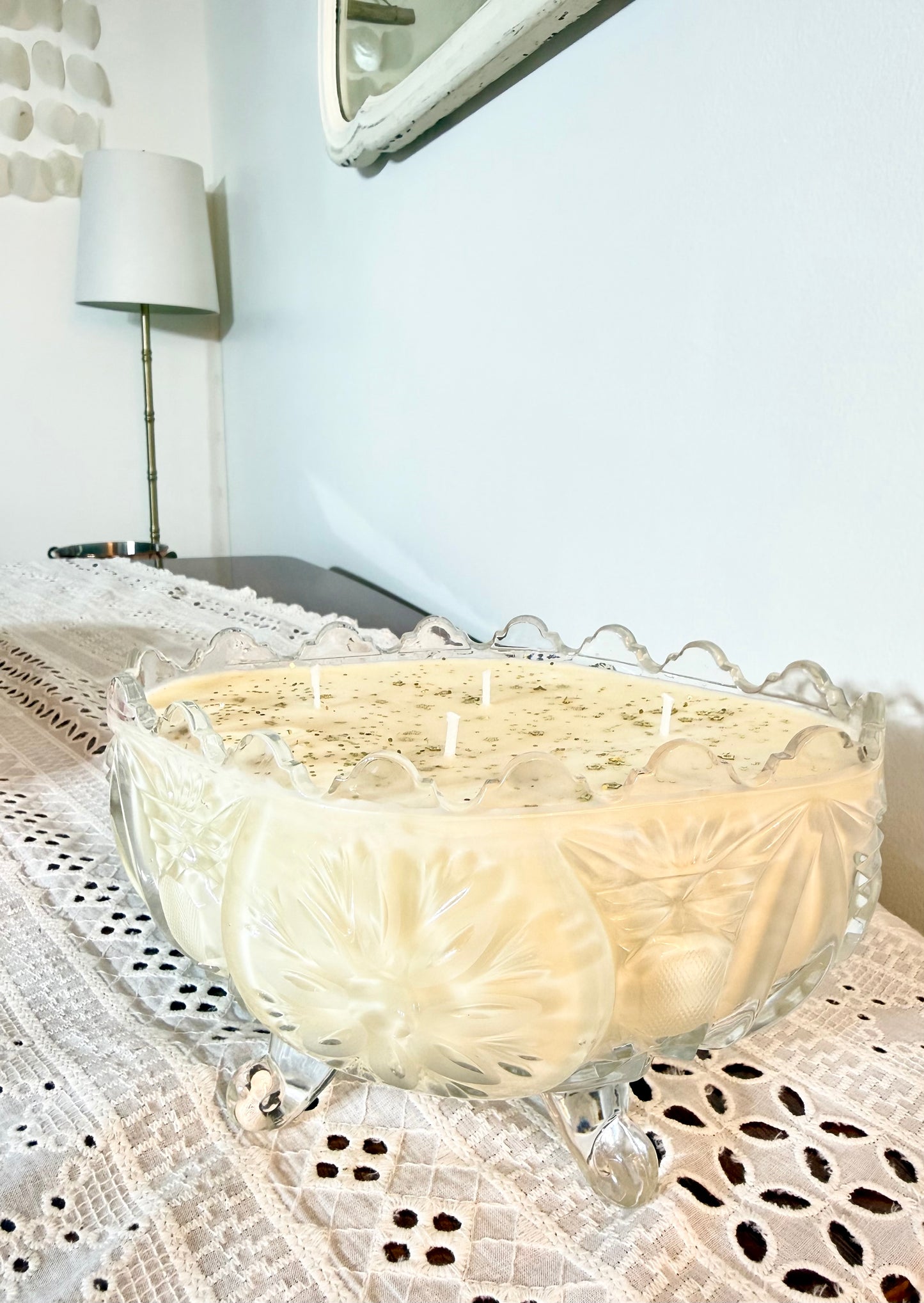 Glowing Elegance: Footed Crystal Bowl Lemongrass Lime Candle