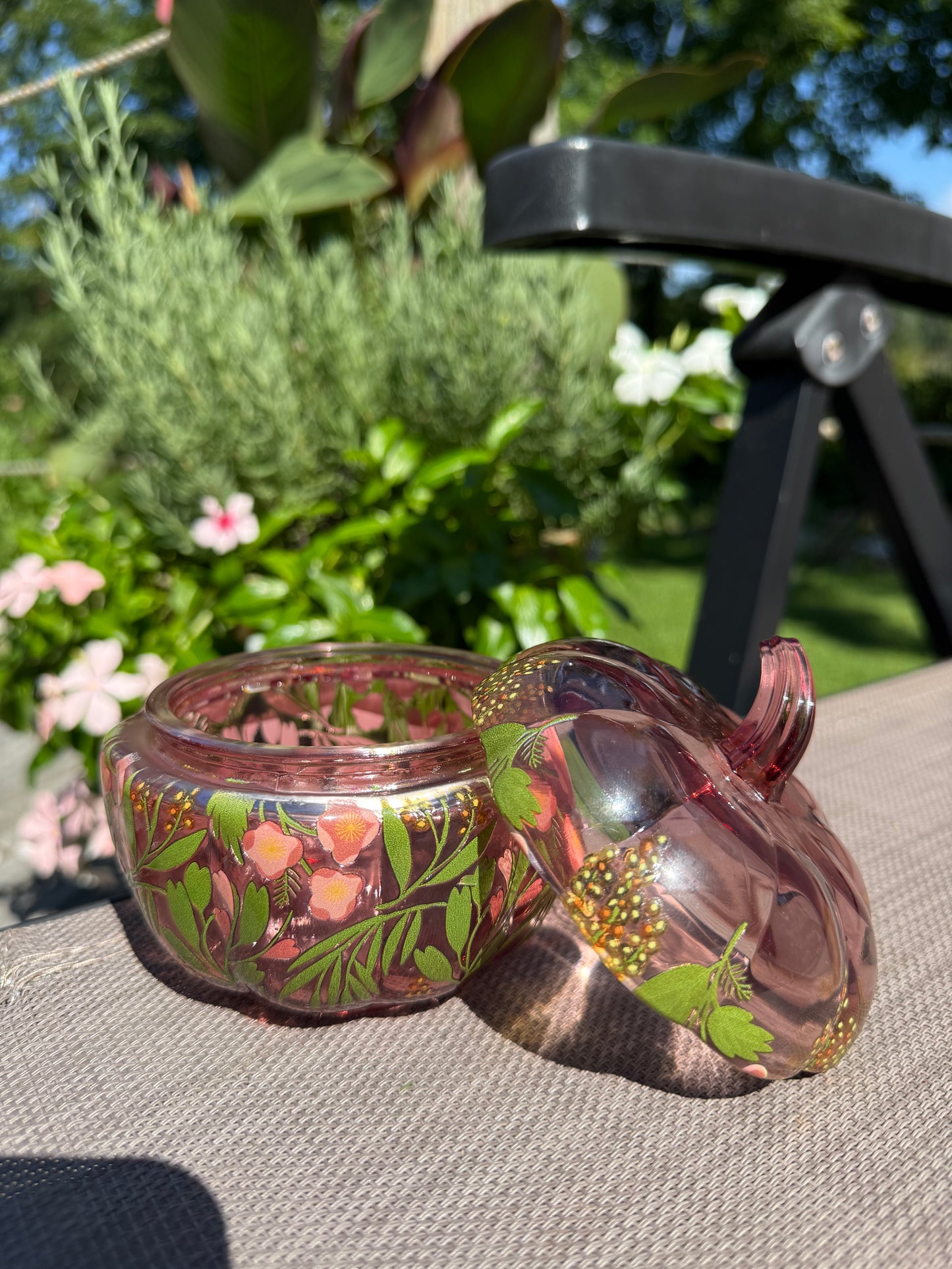Pink Glass Floral Pumpkin Custom Candle