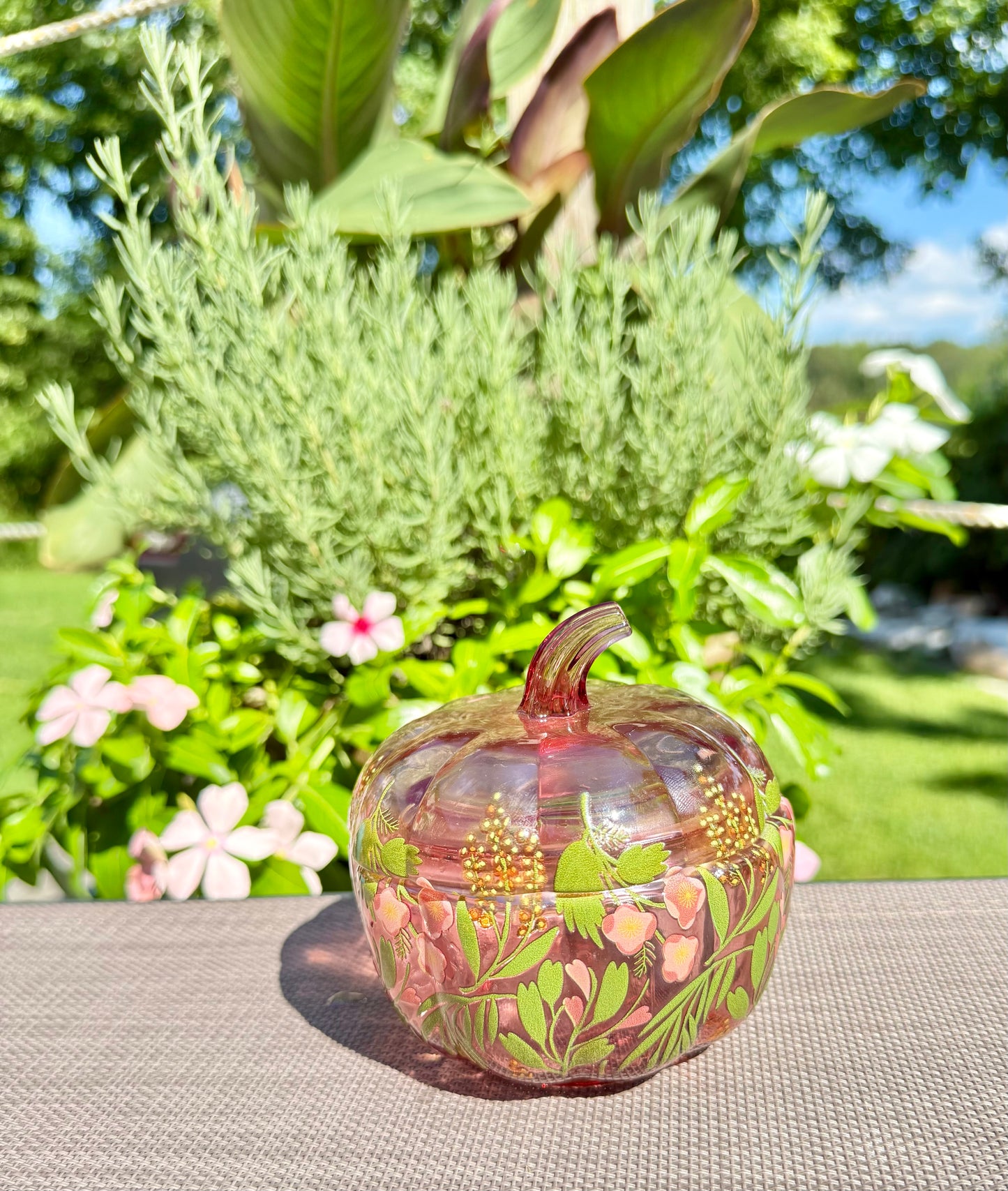 Pink Glass Floral Pumpkin Custom Candle