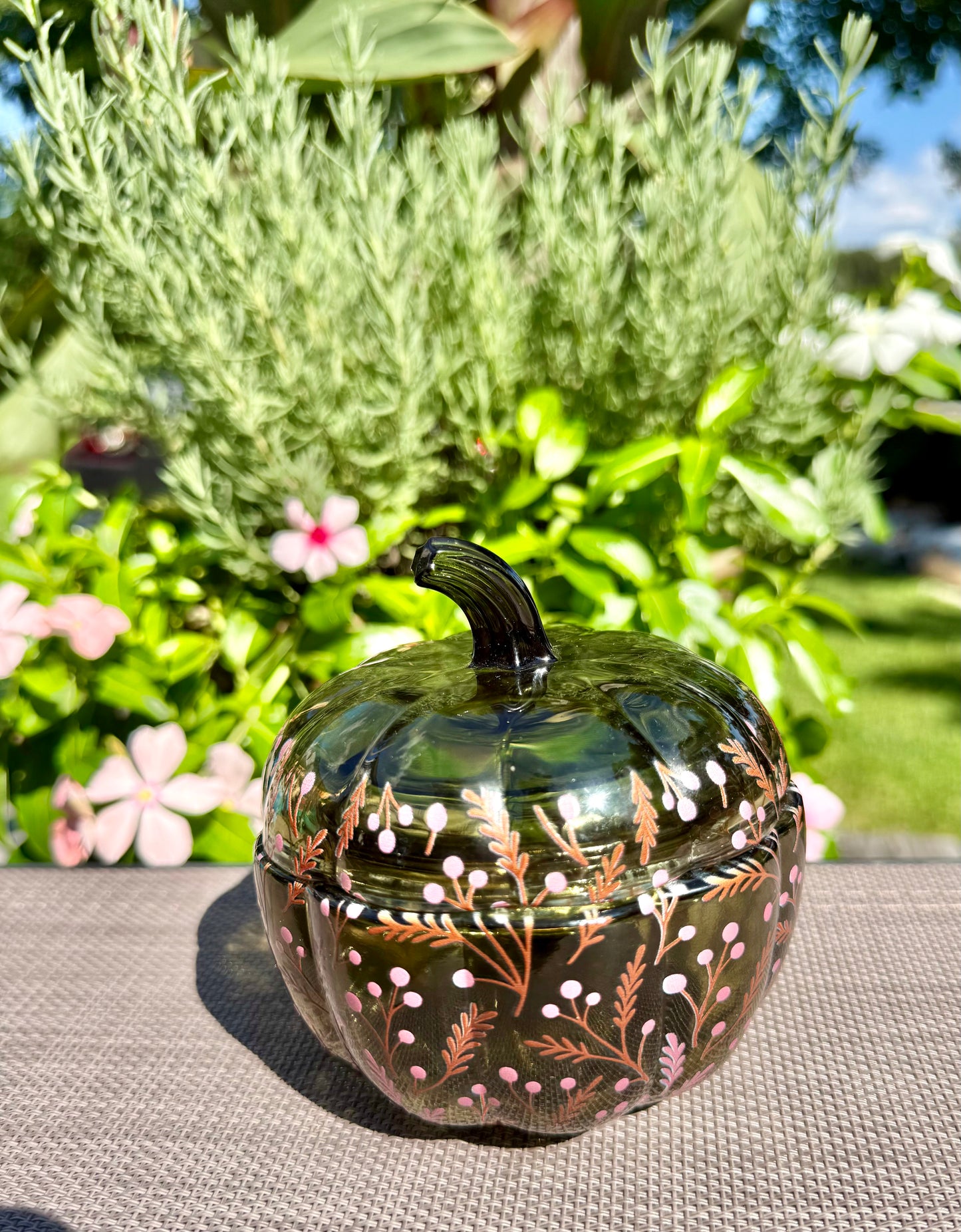 Green Glass Floral Pumpkin Custom Candle