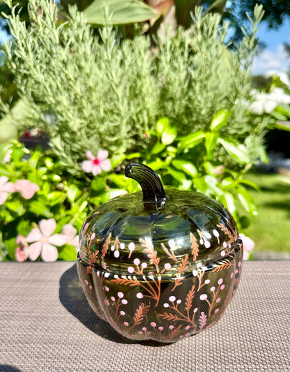 Green Glass Floral Pumpkin Custom Candle